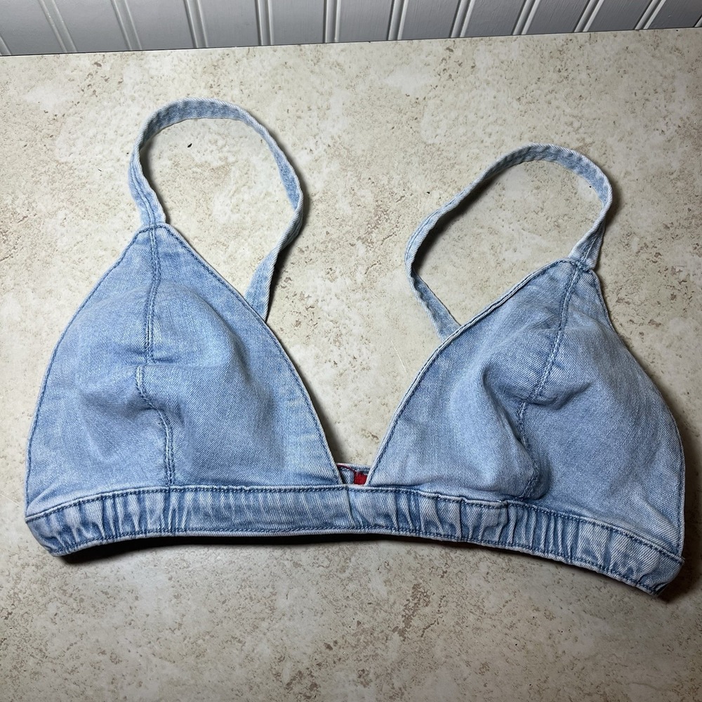Roma Studio Light Wash Denim Bralette Bikini Top Triangle Premium Ramie Blend L
